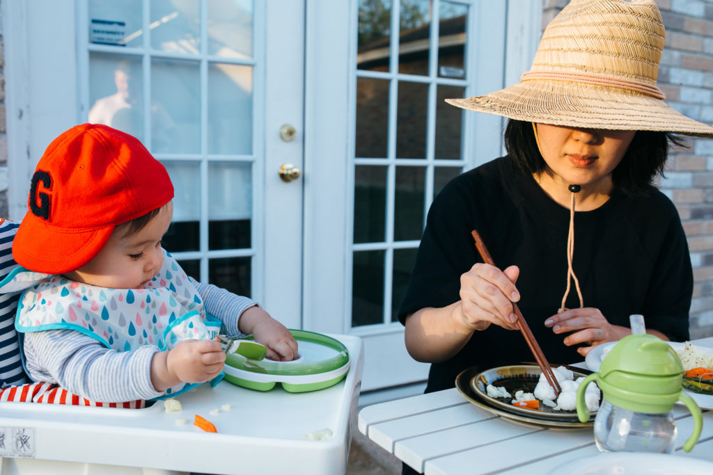 Japanese American family eating together